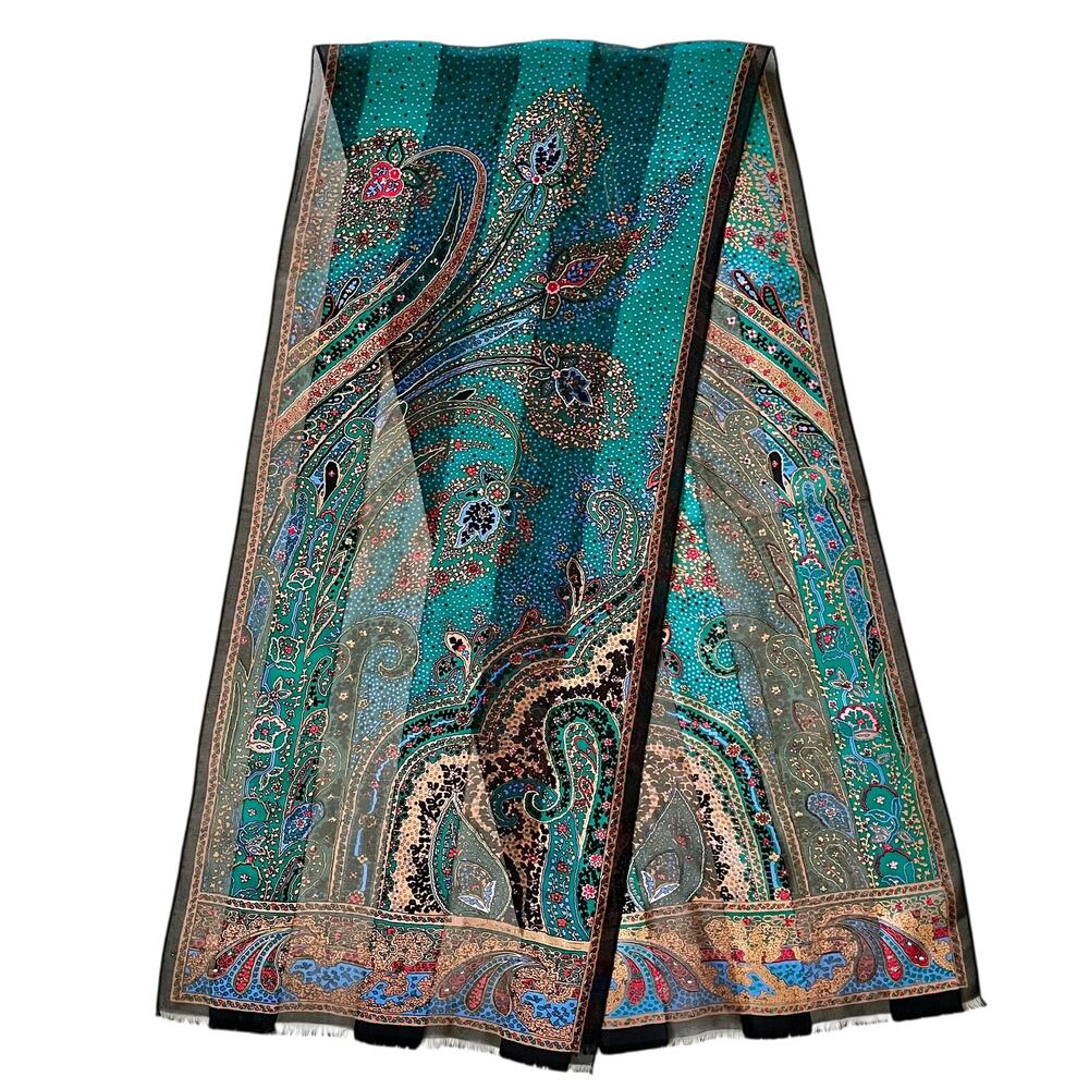 Oscar de la Renta Vintage Jewel Tone Paisley Metallic Gold Silk Fringe Scarf